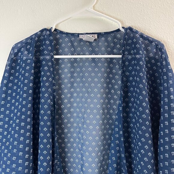 Dizzy Gal Navy Sheer Open Front Kimono Cardigan L Boho Print Women's Lightweight - Picture 3 of 8
